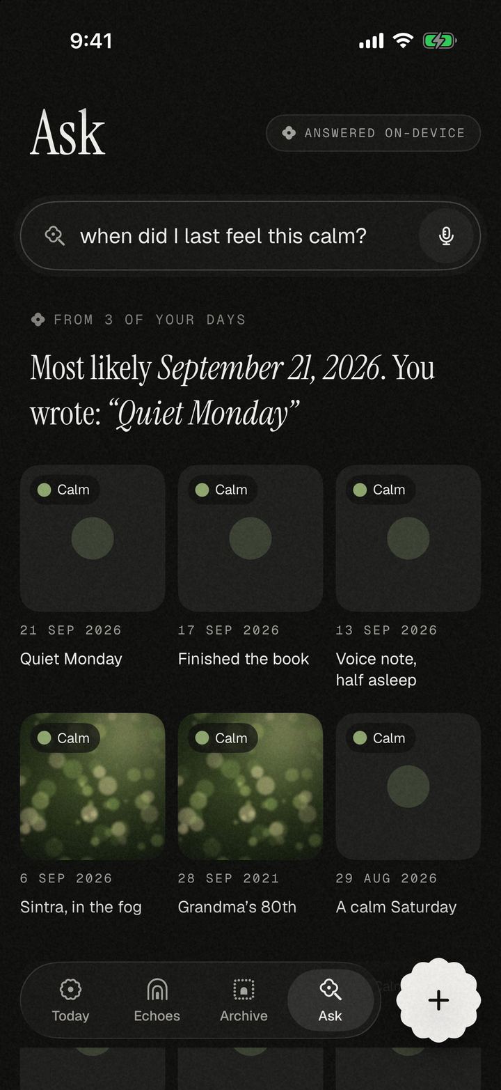 The Ask screen, marked “Answered on-device”. The question “when did I last feel this calm?” is answered from three of your days, with the days shown below as cards marked Calm.